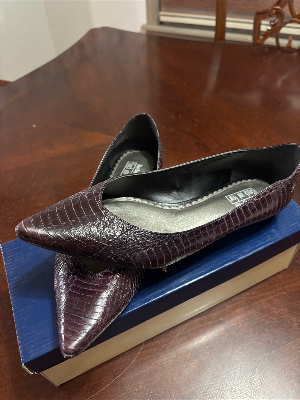 Coach and Four Pointed-Toe Croc-Embossed Flats in Dark Burgundy